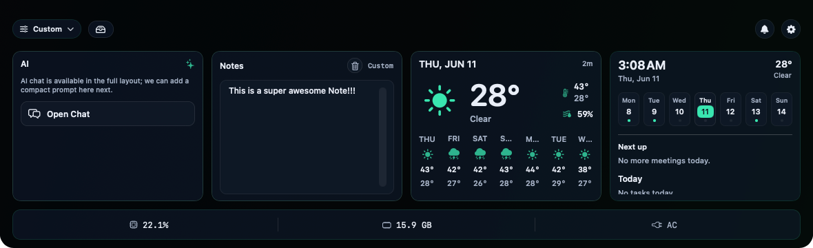TopDeck's notch filled with widgets — AI, notes, weather and calendar